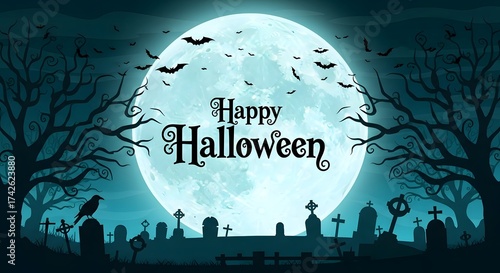 Halloween spooky graveyard moon bats happy halloween holiday celebration scene