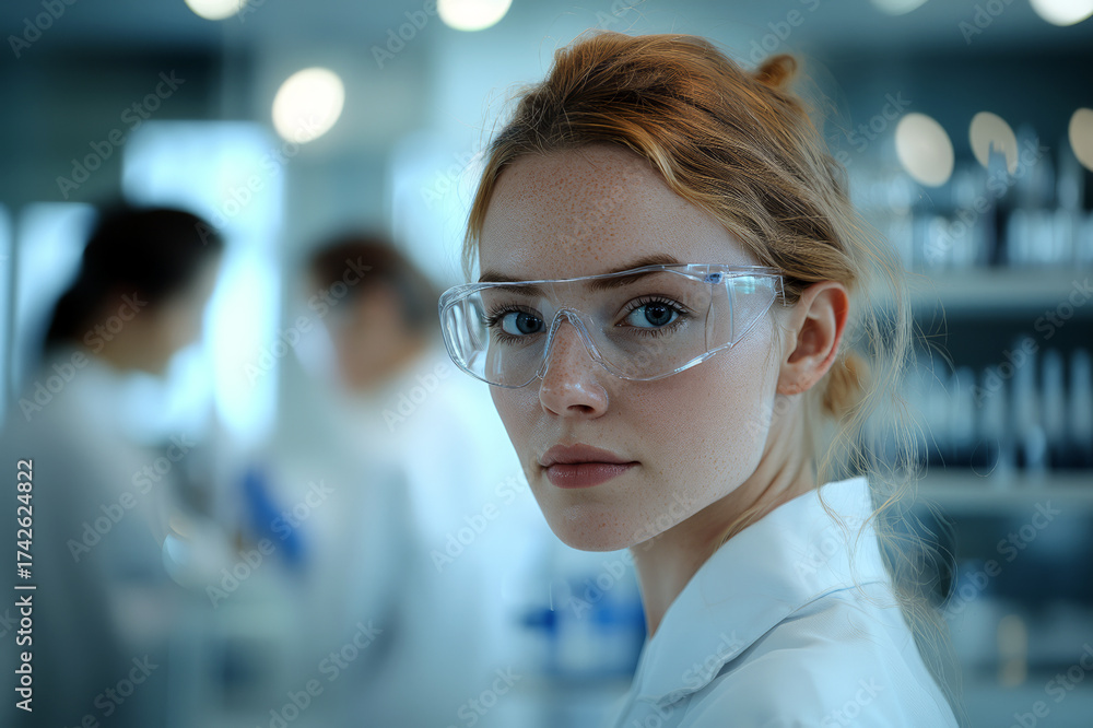 Fototapeta premium Female Scientist in Safety Glasses in a Blue Toned Laboratory Setting With Colleagues
