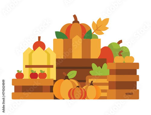Autumn Harvest with Pumpkins Apples and Foliage in Boxes Still Life
