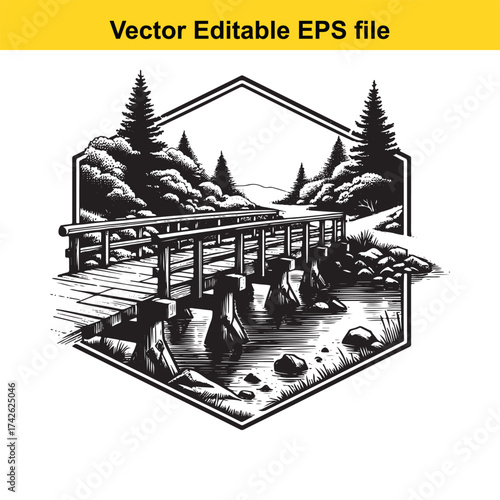 Vector art of wooden bridge over a stream in a forest, vector illustration