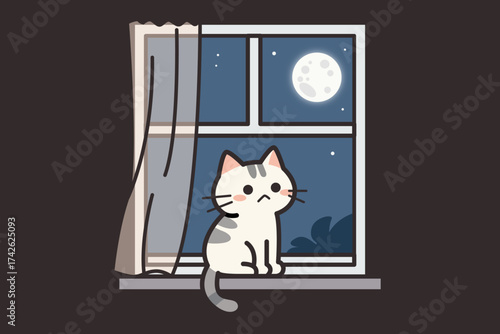 A sad cartoon cat sits on a windowsill, gazing at the moonlit night sky.