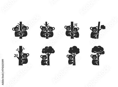 Cute Koala Icons on Tree Branches.
