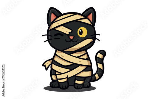 Cartoon illustration of a black cat dressed as a mummy with bandages, winking with one yellow eye.