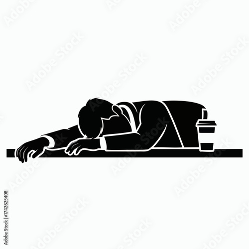 Tired Businessman Sleeping on Desk with Coffee Cup.