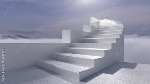 Surreal white staircase ascending into cloudy sky with bright sunlight