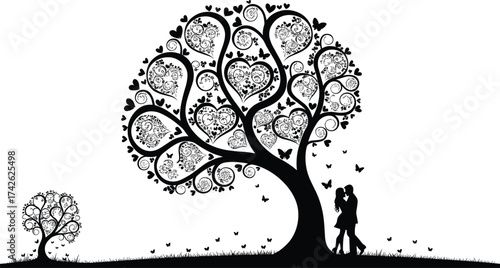 Romantic tree and couple silhouette illustration, love and nature concept artwork, whimsical heart design for emotional and seasonal themes