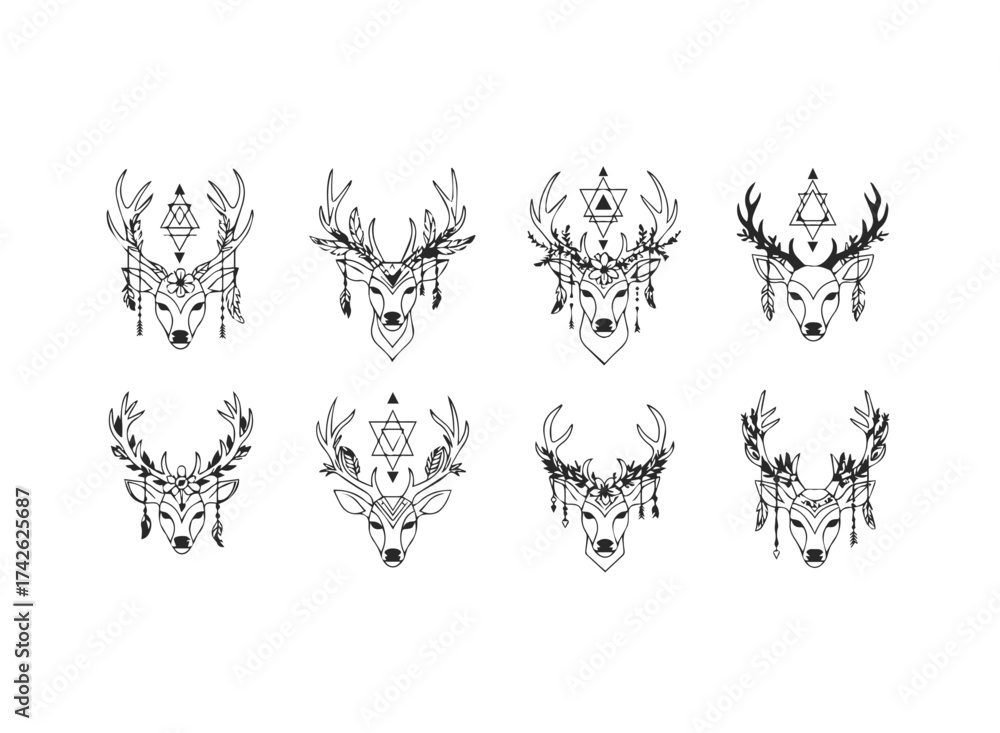 Fototapeta premium Set of Decorative Geometric Deer Head Illustrations.