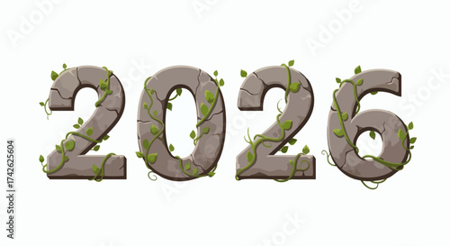 Year 2026 in Stone with Vines on White Background.