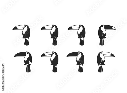 Set of Eight Stylized Toucan Bird Silhouettes.
