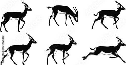 Antelope silhouette vector set with walking, grazing, running, standing poses for wildlife, nature, animal motion, and stock illustration use