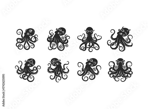 Steampunk Octopus Collection Silhouette Design.
