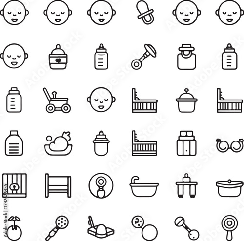A collection of simple black and white baby related line icons