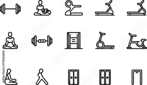 Collection of fitness icons representing various exercise and workout equipment