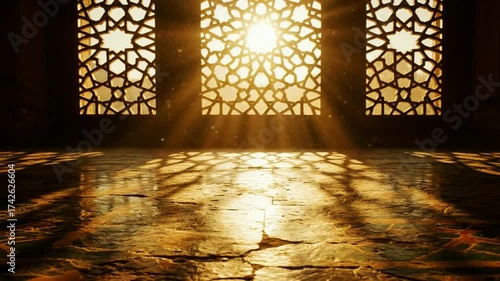 Bright sunlight streams through an ornate geometric Arabic-style window casting beautiful light rays and shadows on an old stone floor