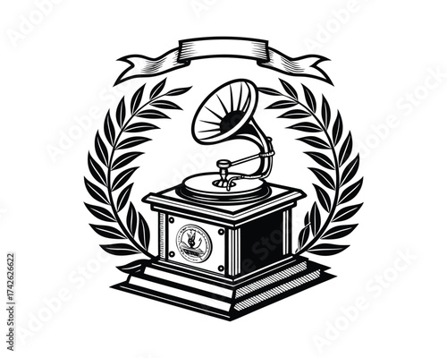 A black and white illustration of an antique gramophone surrounded by a laurel wreath and topped with a banner. This emblem evokes nostalgia and classic music