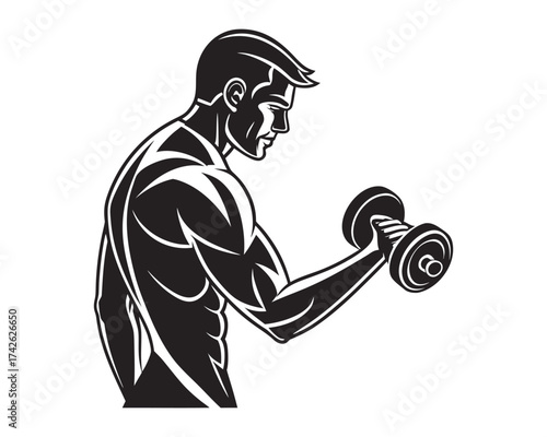 A black and white illustration of a muscular man doing a bicep curl with a dumbbell, emphasizing his physique