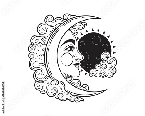A detailed, vintage-style illustration depicts a crescent moon with a human face peeking from behind a dark sun surrounded by clouds