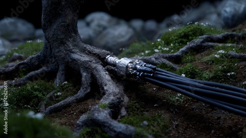 Tree roots integrating with cables in a forest setting