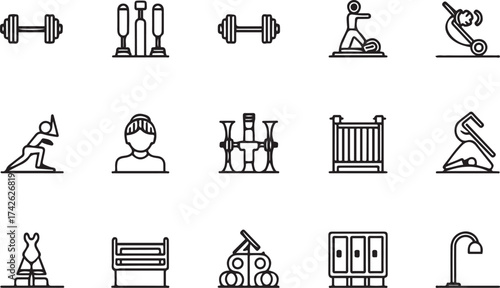 Collection of minimalist icons depicting fitness recreation and outdoor activities