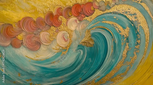 Fototapeta Naklejka Na Ścianę i Meble -  Elegant textured wave painting with golden accents and dreamy clouds
