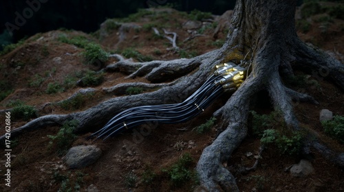 Tree roots integrating with technology: cables merging into natural environment