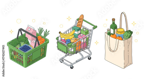 Vector art of grocery shopping basket, cart, and reusable bag filled with food