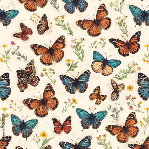Seamless Butterfly Pattern with Colorful Monarchs and Floral Elements – Elegant Nature-Inspired Design with Orange and Blue Butterflies on Cream Background