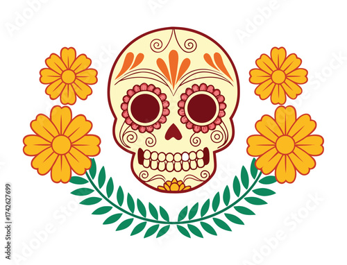 Day of the Dead Sugar Skull with Marigold Flowers and Greenery
