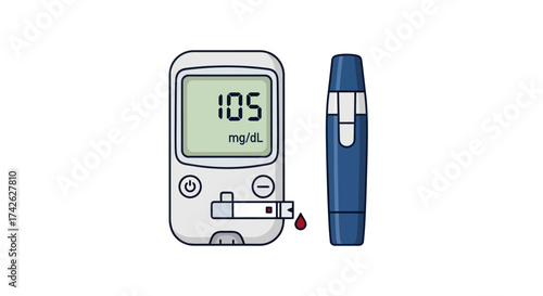 Digital Blood Glucose Meter and Lancet Showing Reading.