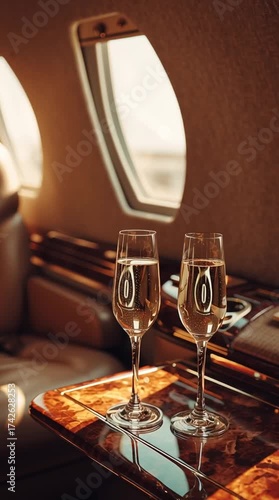 Luxury experience in a private jet with champagne toasting at sunset in a cozy setting