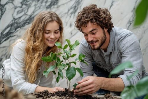A smiling young couple collaboratively plants a small green sapling into rich soil, demonstrating care for nature and enjoying their shared gardening activity.