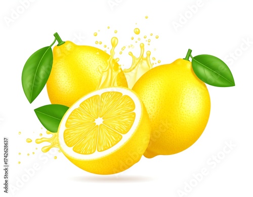 Vibrant illustration of ripe lemons with leaves and juice splash