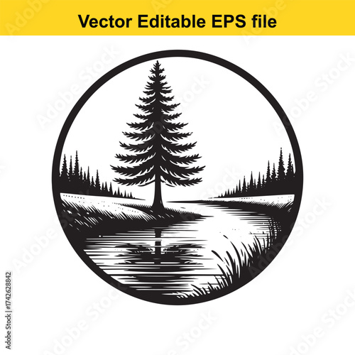 Vector art of black and white circular emblem of a pine tree and river