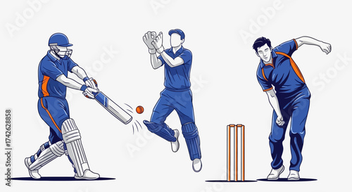 Cricket players in action: batsman, wicket-keeper, and bowler in blue uniforms.