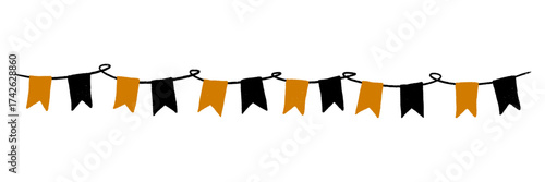 Halloween bunting flags and pennant banner garland for holiday party decor. Hand drawn black and orange rope chain. Autumn fairground streamer for spooky card design. Isolated vector illustration