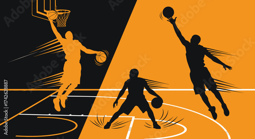 Stylized illustration of basketball players in action, featuring silhouettes dunking, dribbling, and shooting on a split-color court.