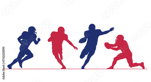 Silhouettes of football players in red and blue engaged in a game on a white background.