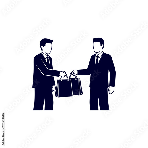 Two businessmen exchanging shopping bags during a meeting, symbolizing a successful deal and partnership in a clean, minimalist style.