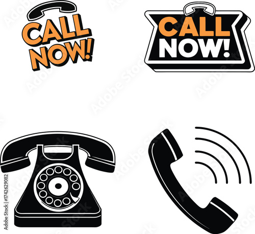 Call now orange text vintage phone receiver bold