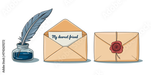 Antique Letter Writing Still Life with Quill Pen Inkwell and Elegant Envelopes Depicting Nostalgia and Tradition