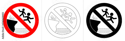 No Cliff Jumping Sign Symbolizes Danger and Safety Precautions Near Coastal Areas With Three Variations
