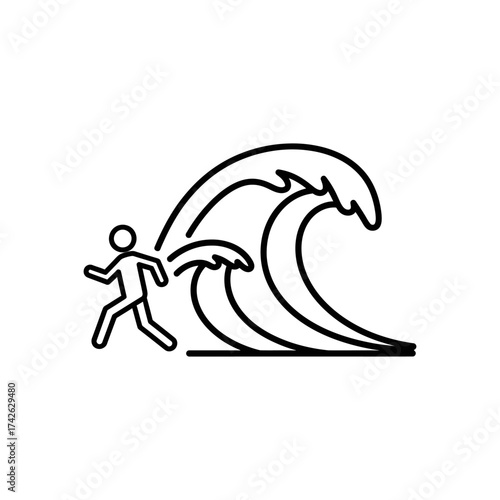 Person running from large tsunami wave on coastline during natural disaster, conveying danger and urgency.