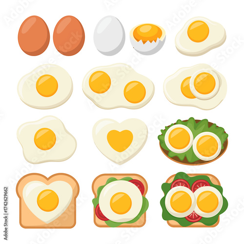 Collection of Fresh Eggs in Various Forms Perfect for Breakfast or Brunch Recipe Ideas and Cooking Illustrations