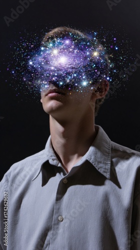 Young caucasian male with galaxy over face in dark setting