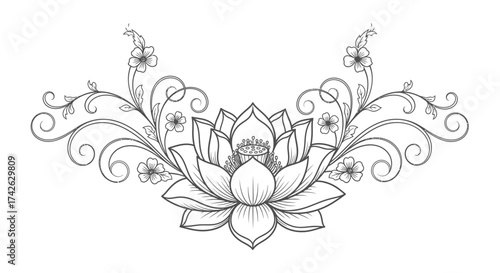 Detailed black and white illustration of a lotus flower with decorative floral elements.