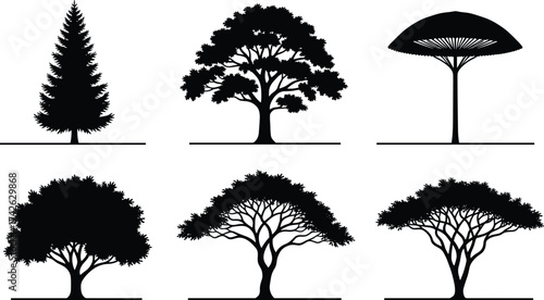 Tree silhouette illustration set, diverse botanical forms artwork, nature and landscape concept for education, ecology, and design themes