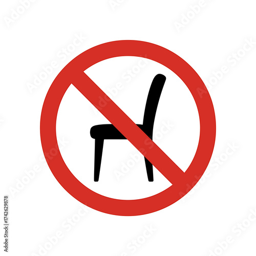 No chair forbidden symbol restriction warning with red circle and diagonal line chair not allowed sign regulatory communication prohibition concept