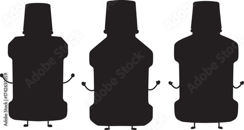 Three cartoon bottles with arms and legs silhouette