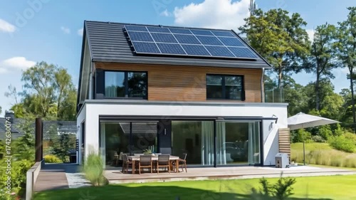 Integration of heat pump inverter and solar panels creating efficient green energy system for sustainable smart homes in modern eco architecture