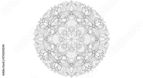 Intricate circular mandala design with floral and geometric patterns, presented in grayscale on a clean white background.
